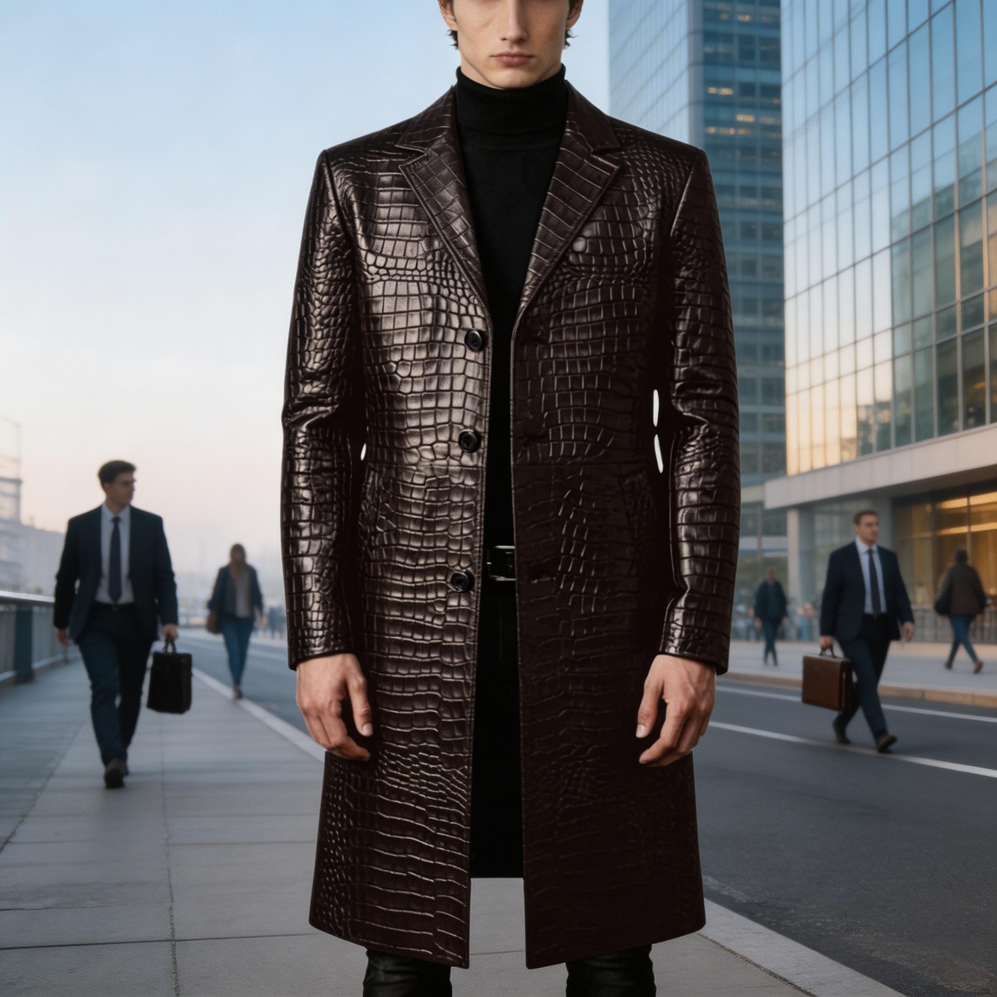 Men'S Grooming Oxford - Herren Premium Krokodil-Prägung Leder Trenchcoat Slim